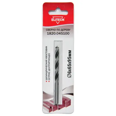 Сверло спиральное по дереву Elitech 1820.045100 6x95 мм сверло балочное по дереву elitech 1820 047500 22x450 мм