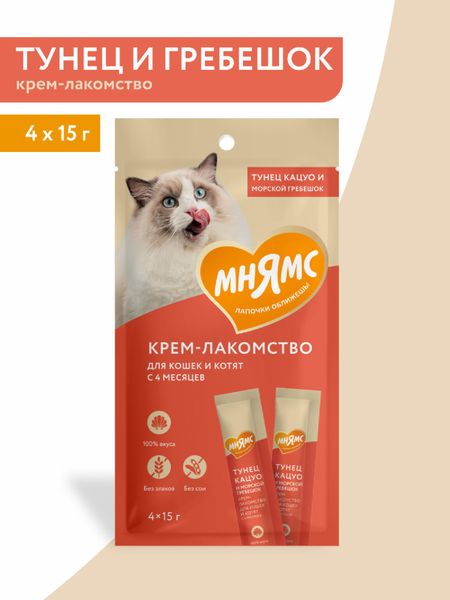 Консервы, паучи Мнямс Крем-лакомство с тунцом кацуо и морским гребешком для кошек (4 шт)