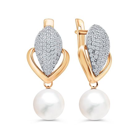 Золотые серьги с жемчугом и фианитами