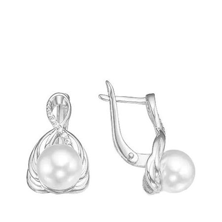 Серебряные серьги с жемчугом и фианитами с родированием