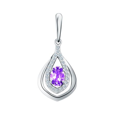 Серебряная подвеска с аметистом и фианитами с родированием