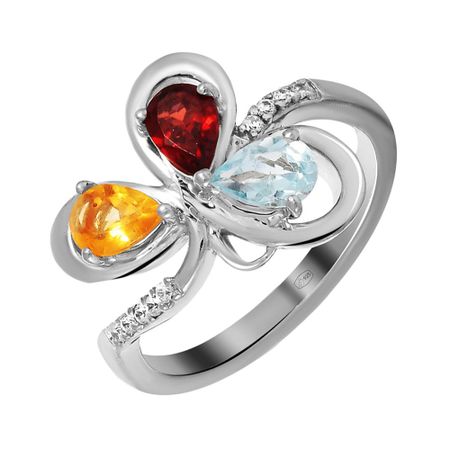 Серебряное кольцо с гранатом и топазом с цитрином и фианитами с родированием