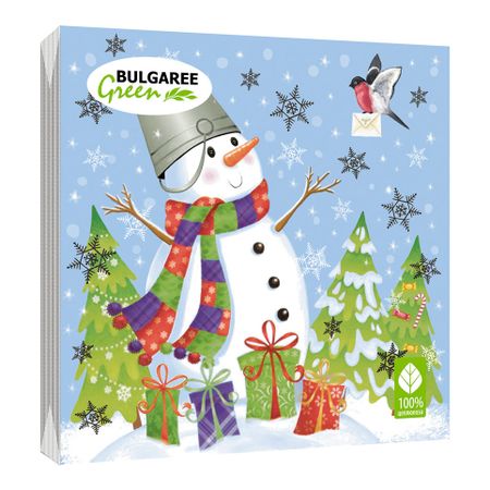 Салфетки бумажные Bulgaree Green Снеговик-затейник трехслойные 33x33 см 20 шт