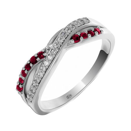Серебряное кольцо с рубинами и фианитами с родированием
