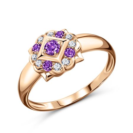 Золотое кольцо с аметистами и фианитами с родированием