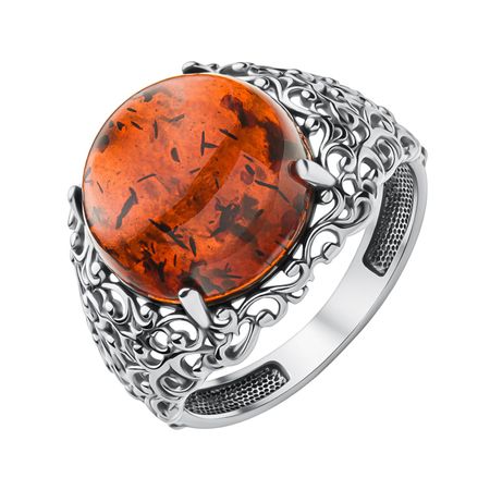 Серебряное кольцо с янтарем и платинированием