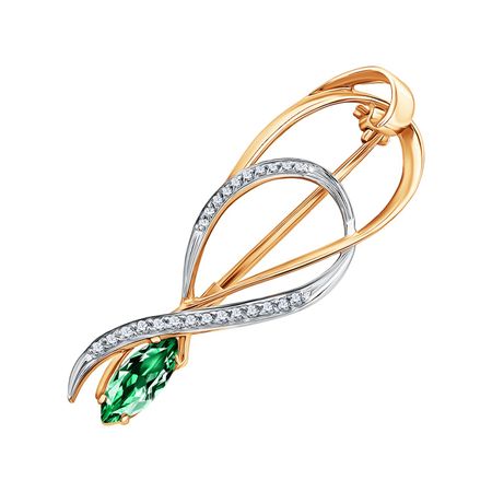 Золотая брошь с изумрудом и бриллиантами с родированием