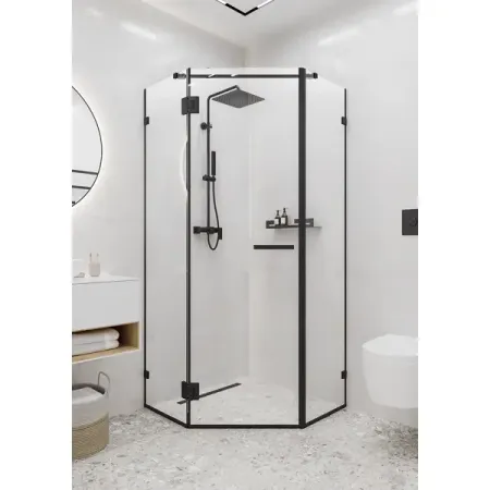 Душевая ширма Март Астра пентагональный 88x88 см черный профиль прозрачное стекло распашной