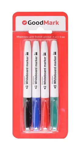 Маркеры для доски 4 цвета 4мм, тонкий корпус, блистер, Goodmark