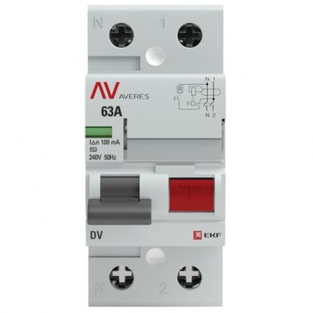УЗО EKF Averes DV 63А 1P+N тип AC 100 мА 10 кА (rccb-2-63-100-ac-av) автоматические выключатели для утечки заземления evse rccb тип b etek rcd 2p 4p 2 полюса 4 полюса 40 а 63 а а 30 ма стандартная 10 ка din рейка