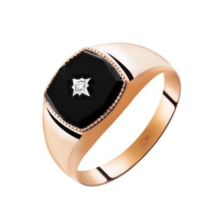 Золотая печатка с агатом и бриллиантом с родированием