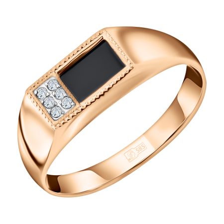 Золотая печатка с агатом и бриллиантами с родированием