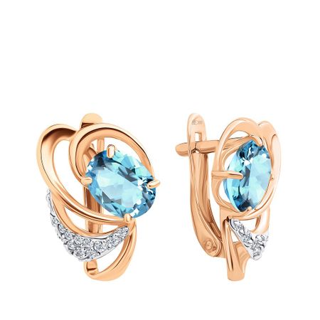 Золотые серьги с топазами Sky и фианитами с родированием