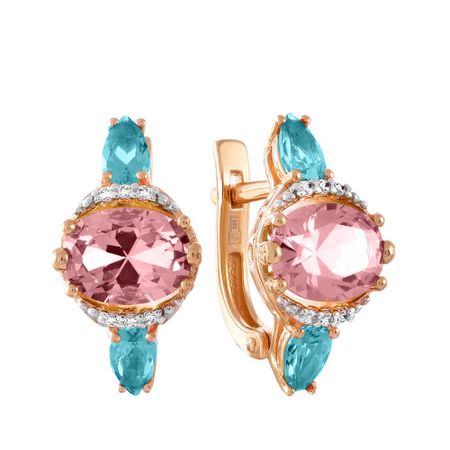 Золотые серьги с морганитами и турмалинами с фианитами и родированием