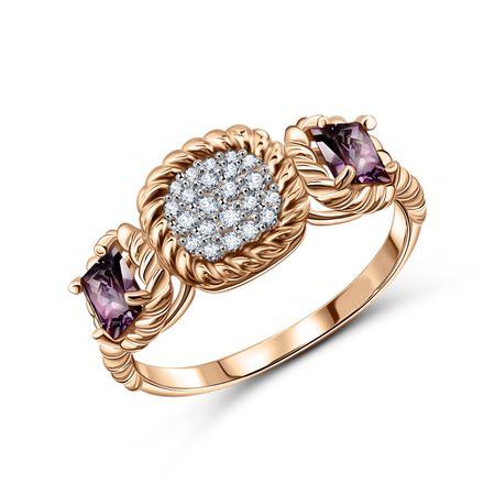 Золотое кольцо с аметистами и фианитами с родированием