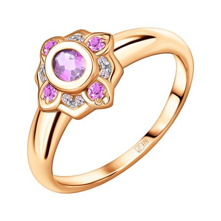 Золотое кольцо с аметистами и фианитами с родированием