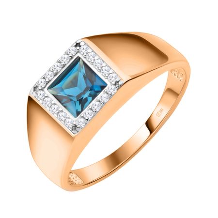 Золотая печатка с London топазом и фианитами с родированием