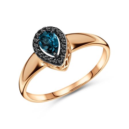 Золотое кольцо с London топазом и фианитами с черным родированием