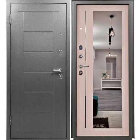 Дверь входная Промет Титан левая букле графит - беленый дуб с зеркалом 960х2050 мм