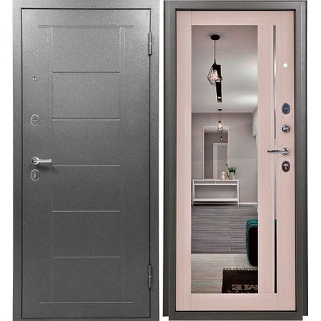 Дверь входная Промет Титан правая букле графит - беленый дуб с зеркалом 960х2050 мм