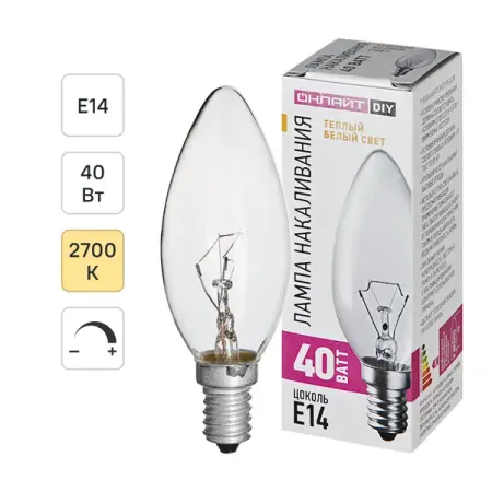 Лампа накаливания Е14 40 Вт теплый белый свет