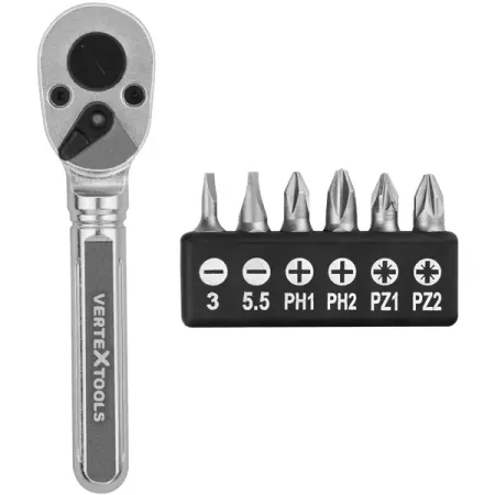 Отвертка реверсивная с набором бит Vertextools 0033-07, 7 предметов мини отвертка deli