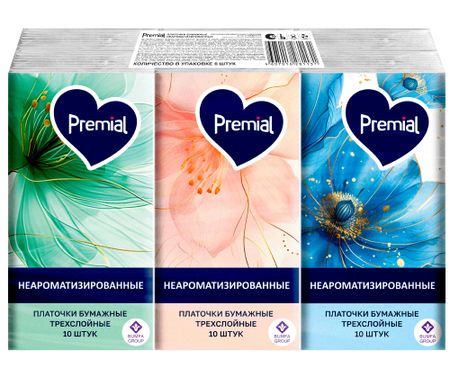 Платочки Premial бумажные 3 слоя белые не ароматические 10 шт