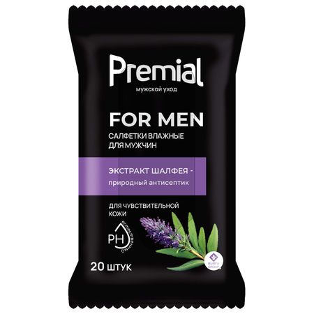 Салфетки влажные Premial для интимной гигиены мужские с экстрактом шалфея 20 шт