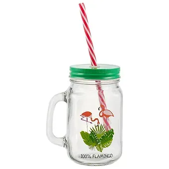 Банка с ручкой и крышкой для коктейлей Фламинго 100% Flamingo (стекло) (450 мл)