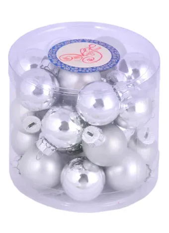 Набор маленьких елочных шариков в тубусе (серебро) (стекло) (2,5 см) (24 шт)