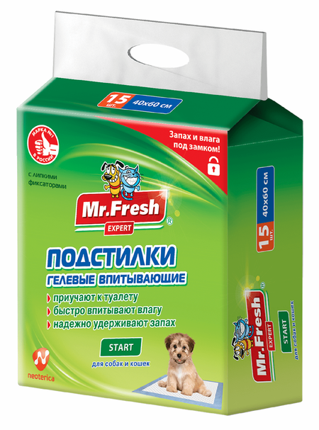 Для дома Mr.Fresh Подстилка-пеленка для кошек и собак Expert Start, впитывающая, 15 шт (40*60 см)
