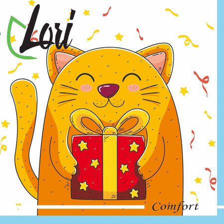 Салфетки Lori Comfort бумажные Кот с подарком 2х-слойные 33х33 см, 16 шт салфетки бумажные кролики 3 х слойные ные 210х210 8шт 12 senwen pp8008