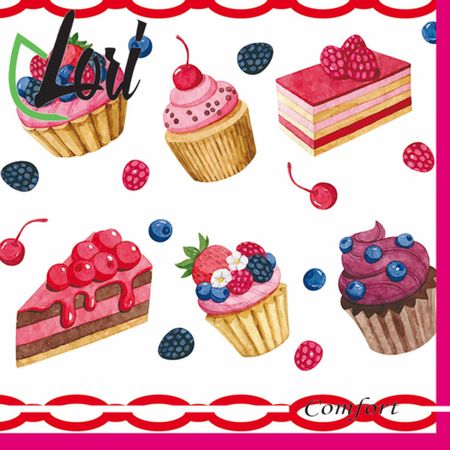 Салфетки Lori Comfort бумажные Пирожные 2х-слойные 33х33 см, 16 шт салфетки бумажные кролики 3 х слойные ные 210х210 8шт 12 senwen pp8008