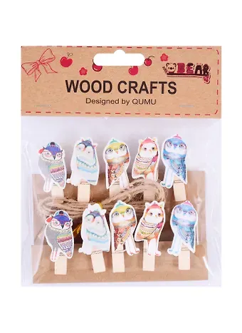 Прищепки Совы 10 шт в пак с  хедером (дерево)(226)