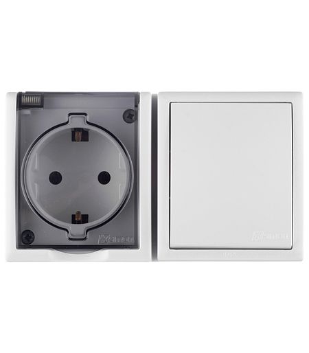 Блок выключатель и розетка Simon 15 Aqua одноклавишный накладной белый (1594511-030) блок куб 90 90 45 белый пласт бокс