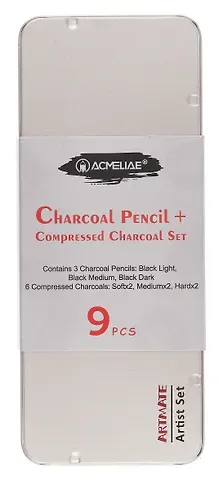 Уголь прессованный 06шт + карандаши угольные 03шт черные, мет.кор., ACMELIAE