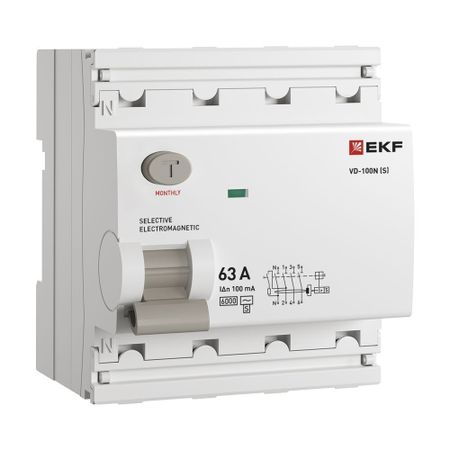 УЗО EKF PROxima ВД-100N (S) 63А 3P+N тип AC 100 мА 6 кА селективное (E1046MS63100)