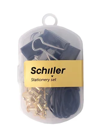 Набор канцелярский: резинки 4г 15 штук, зажимы черные 25 мм 4 штуки, кнопки-гвоздики золотые 15 штук, Schiller