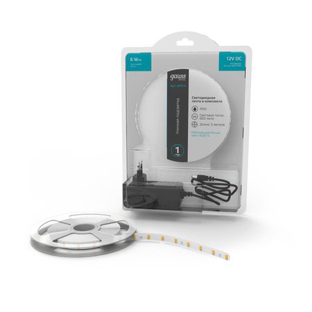 Лента Gauss Basic в комплекте LED 2835/60 12V 6W/m 600lm/m 4000K 8mm IP65 5m лента gauss basic led 10вт м 700лм м 3000k 10мм ip65 12в 3м
