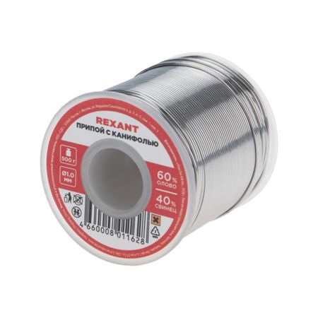 Припой Rexant d1 Sn60 Pb40 Flux 2.2% с канифолью 500 г (09-3363) отсос для припоя