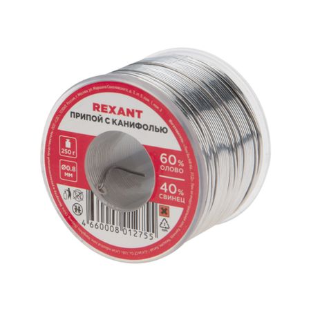 Припой Rexant d0,8 Sn60 Pb40 Flux 2.2% с канифолью 250 г (09-3312) отсос для припоя