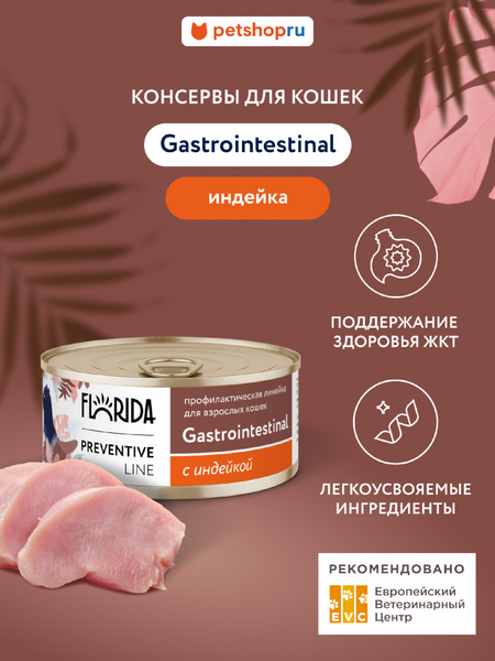 Холистики FLORIDA prof консервы (профилактика) Gastrointestinal для кошек для поддержания здоровья пищеварительной системы, с индейкой (100 г)