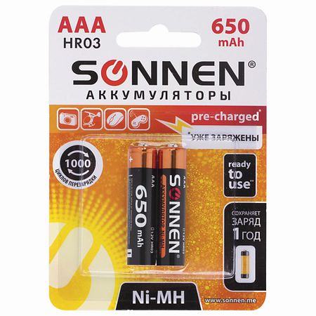 Батарейки SONNEN Батарейки аккумуляторные, AAA (HR03) Ni-Mh