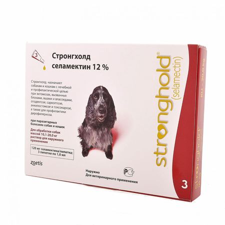 От блох и клещей Zoetis Стронгхолд капли от блох, ушных и чесоточных клещей, гельминтов для собак 10-20 кг, 3 пипетки, красный (10 г)