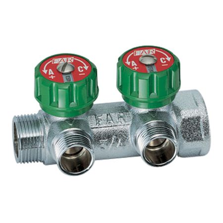 Коллектор Far 1 ВР(г) х 2 выхода 3/4 НР(ш) ЕК х 1 НР(ш) регулирующий с вставкой под плоское уплотнение (FK 3821 134UN)