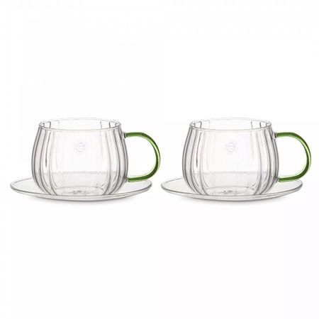 Набор чашек чайных с блюдцем с двойными стенками Decor de table Cafe de Paris 350 мл, 2шт, зеленая ручка