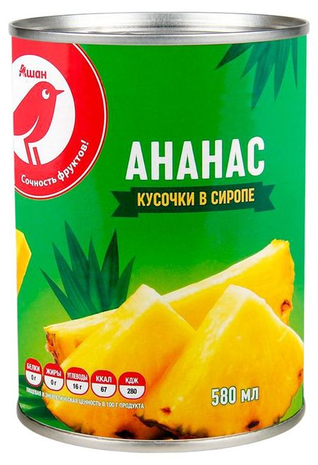 Ананас АШАН Красная птица кусочки в сиропе Таиланд, 580 мл