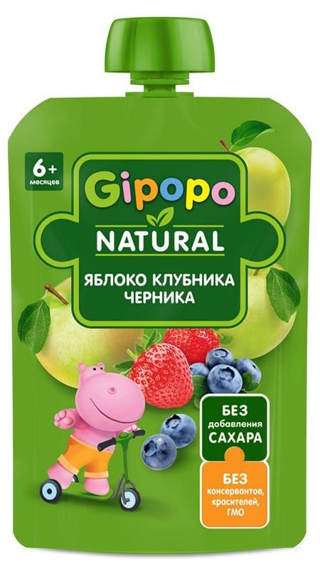 Пюре детское Gipopo яблоко клубника черника с 6 мес., 90 г