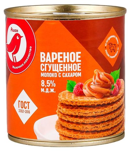 Молоко сгущенное АШАН Красная птица Вареное с сахаром 8,5% ГОСТ БЗМЖ, 370 г