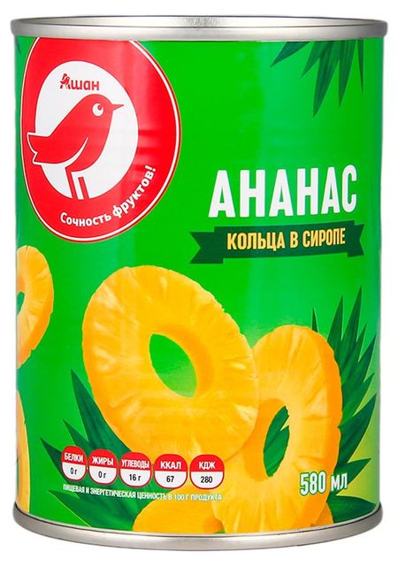 Ананасы консервированные АШАН Красная птица кольца в сиропе Таиланд, 580 мл